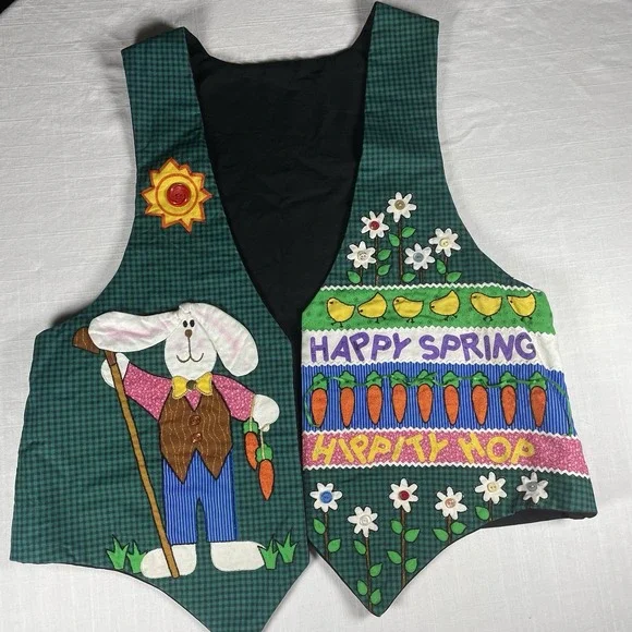 Easter Embroidered Festive Vest Unisex Buttons And Glitter Spring Easter Bunny - Picture 2 of 11